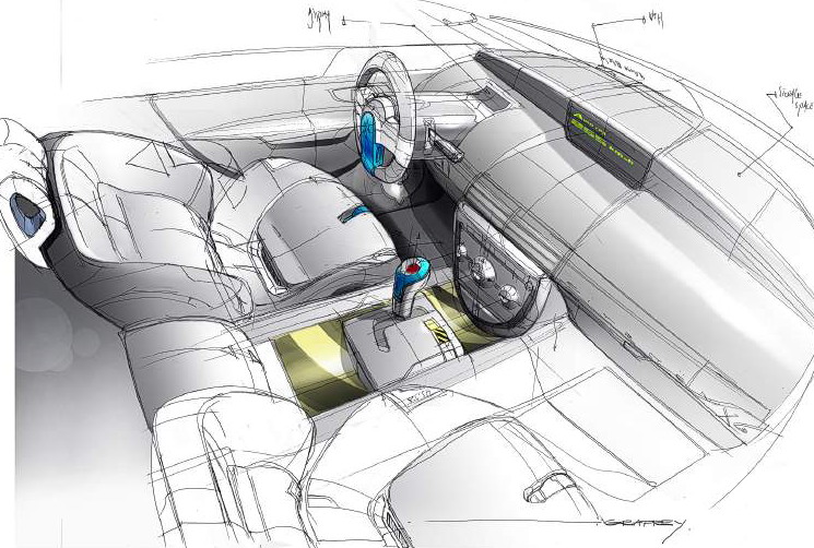 Another view of interior of Citroën C6. If overall structure is respected in the production vehicle, including the central screen, driving wheel and buttons of A/C are different.